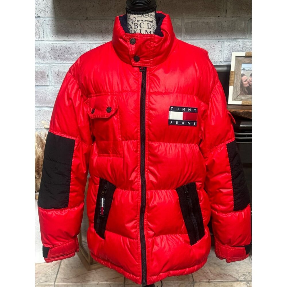 Tommy Hilfiger Tommy Jeans Women's M Down Puffer Coat Red Black Vintage Y2K Logo